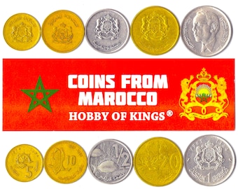 5 Different Moroccan Coins From North Africa. Collectible Foreign Currency from Morocco