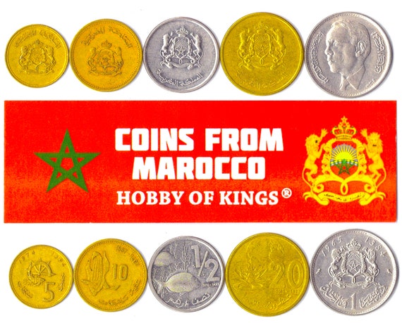 5 Different Moroccan Coins From North Africa. Collectible Foreign Currency from Morocco