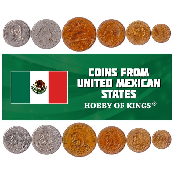Mexico 7 Coin Set 1 5 10 20 25 50 Centavos 1 Peso | Opuntia | Golden Eagle | Rattlesnake | Pyramid | Cuauhtemoc | Liberty cap | 1950 - 1971