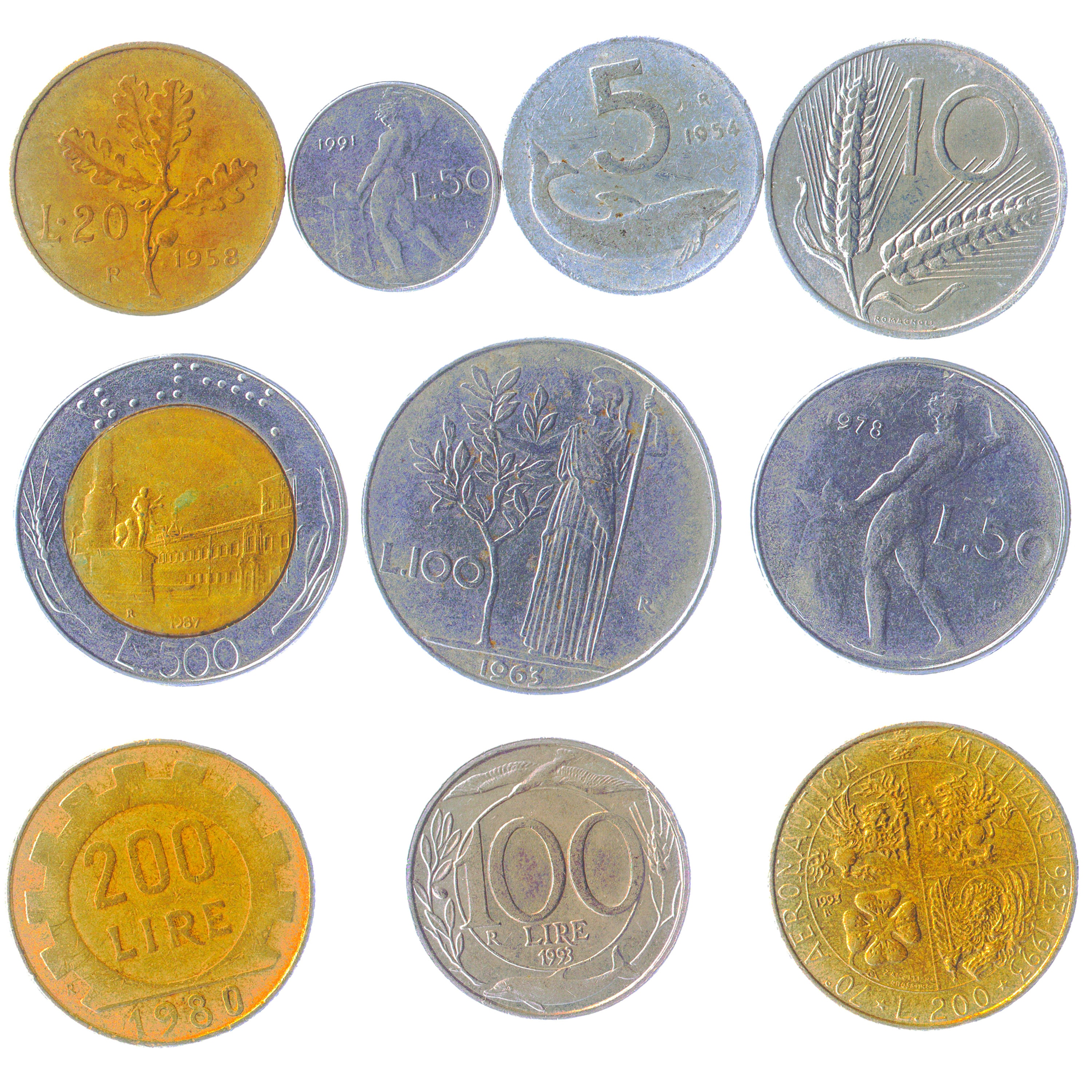 5 500 LIRE 200 20 100 50 SET OF 7 COINS FROM ITALY 10 1951-2001