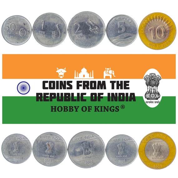 Set 5 Coins India 50 Paise 1 2 5 10 Rupees  Lion pedastal of Ashoka, Waves Hands 2007 - 2011 Indian Money