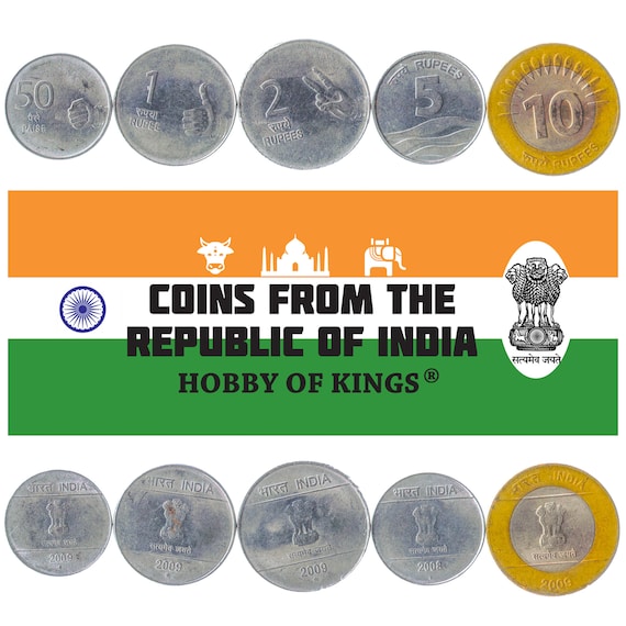 Set 5 Coins India 50 Paise 1 2 5 10 Rupees  Lion pedastal of Ashoka, Waves Hands 2007 - 2011 Indian Money