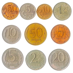 10 Different Coins from Russian Federation. Old Currency Collection: Kopeks and Rubles. Money Circulated Since 1991