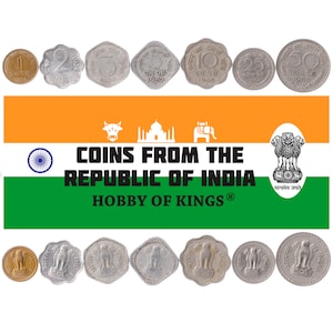 7 Coins from India Money Set 1 2 3 5 10 25 50 Paise Old Collectible Indian Currency 1964-1968