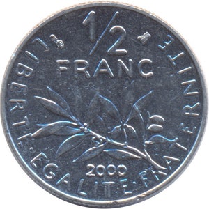 Moneda francesa 1/2 franco / firma O. Roty / KM931.1 / Francia / 1964 - 2001