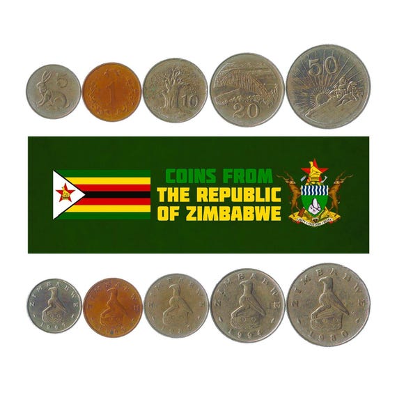 5 Different Coins from Zimbabwe. Money from Africa. Old Collectible Foreign Currency: 1-50 Cents