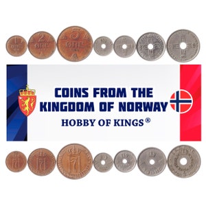 Norwegian 7 Coin Set 1 2 5 10 25 50 Øre 1 Krone | Cross | Norway | 1908 - 1952