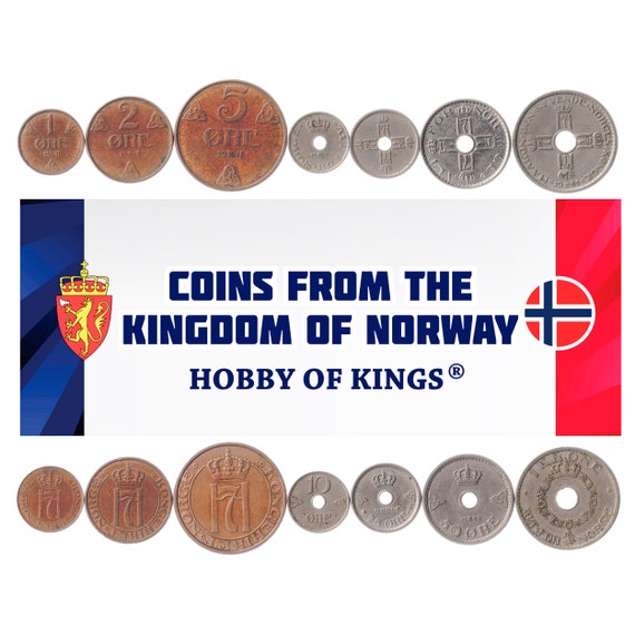 Norwegian 7 Coin Set 1 2 5 10 25 50 Øre 1 Krone | Cross | Norway | 1908 - 1952