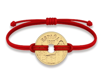 Bracelet porte-bonheur Espagne : plaqué or 18 carats, 25 pesetas, ficelle rouge