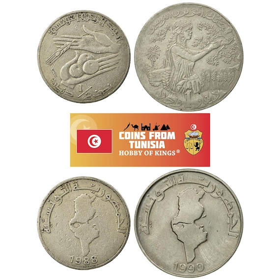 Tunisian 2 Coin Set 1/2 1 Dinars | Wheat | Oranges | Tunisia | 1988 - 1990