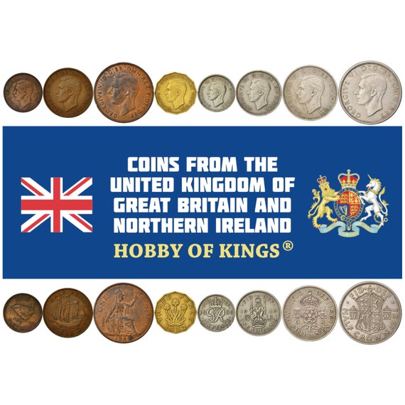 British 8 Coin Set 1 Farthing 1/2 1 3 6 Pence 1 2 Shillings 1/2 Crown | George VI | Eurasian Wren | United Kingdom | 1949 - 1952