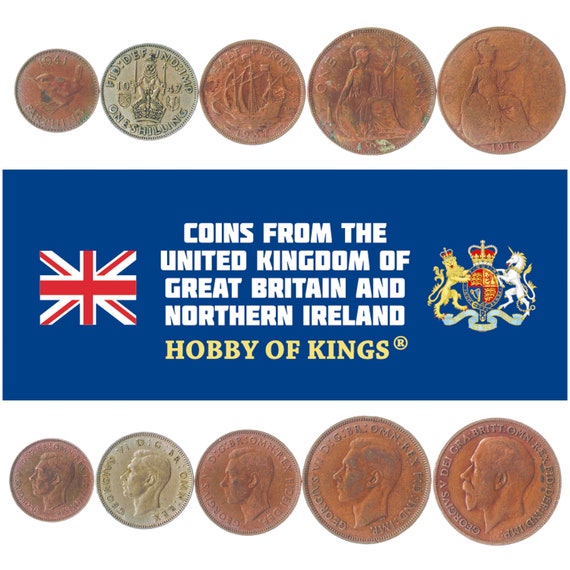 5 Different Coins from Great Britain 1838-1950. Old Collectible Money, Numismatic Periods: Queen Victoria, King Edward VII, George V and VI