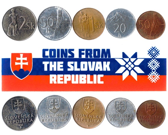 5 Slovak Coins. Different Coins From Europe. Foreign Currency, Valuable Money