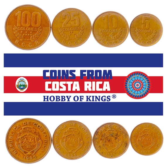 Costa Rican Tico 4 Coin Set 5 10 25 100 Colones | Ship | Star | Volcano | Coffee Branch | 1995