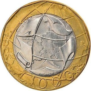 Moneda Italia 1000 Liras Unión Europea Alemania Reunida Mapa / Globo terráqueo / 1997 - 2001
