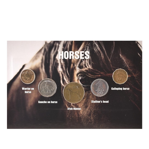 Coins with Horses | Mustangs | Colts | Stallions | Studs | 5 Coin Set Blistercard | Uruguay Greece Ireland Argentina Libya | Since 1962