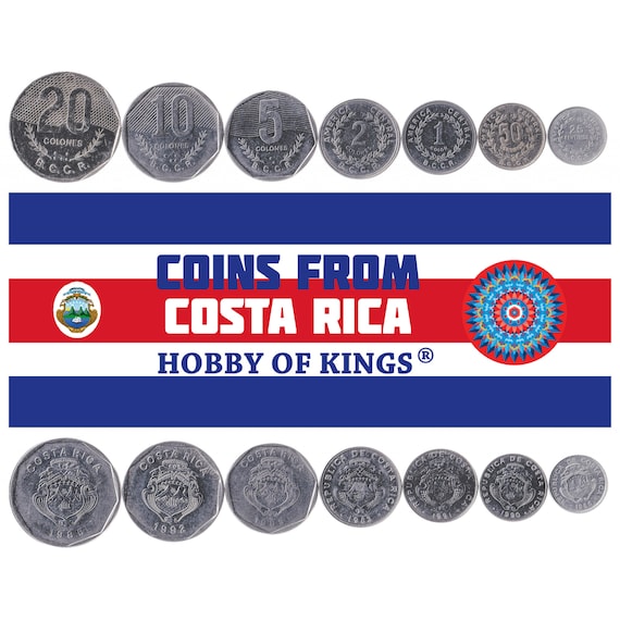 Costa Rican Tico 8 Coin Set 10 25 50 Céntimos 1 2 5 10 20 Colones | Laurel Wreath | Ship | Stars | Volcano | Coffee Branch | 1982 - 1994