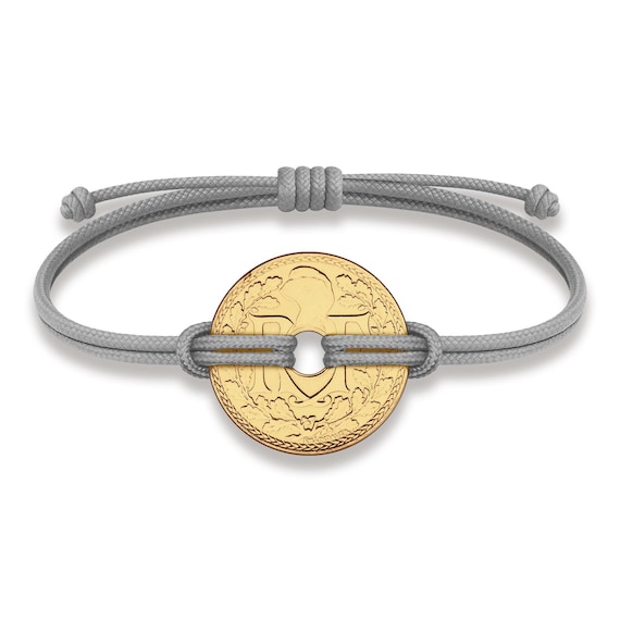 Good Luck Coin Bracelet | Gray String Thread with Lucky France Coin 10 Centimes | 18k gold plated Fortune Wealth & protection wristband