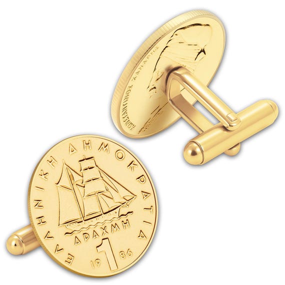 Gold plated Cufflinks with Genuine Greek 1 Drachme Coins | Ship corvette | Coin Links | Greece Cuffs fasteners | Dress shirt fasteners
