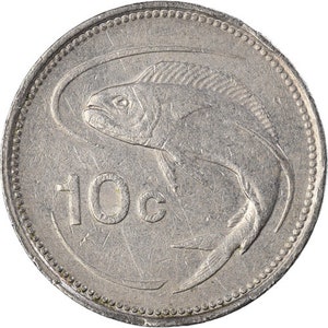 Maltese Coin Malta 10 Cents | Sun | Luzzu Boat | Mahi Mahi Fish | 1986