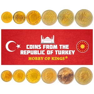 Turkish 6 Coin Set 50 100 500 1000 2500 5000 Lira | Mustafa Kemal Atatürk | Crescent And Star | Turkey | 1988 - 1994