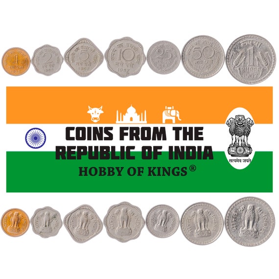 Set 7 Coins India 1 2 5 10 25 50 Paise 1 Rupees Lion Capital of Ashoka  Grains, Wreath 1957 - 1964 Indian Money