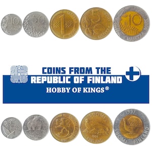 May include: A collection of Finnish coins from the Republic of Finland. The coins are from different years and feature various designs, including a lion, a bird, and a coat of arms. The text "COINS FROM THE REPUBLIC OF FINLAND HOBBY OF KINGS®" is displayed on a blue banner.