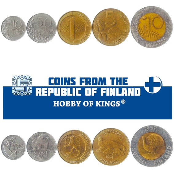 Finnish 5 Coin Set 10 50 Penniä 1 5 10 Markkaa | Brown Bear | Saimaa Ringed Seal | Lily Of The Valley | Honeycombs | Finland | 1990 - 2001
