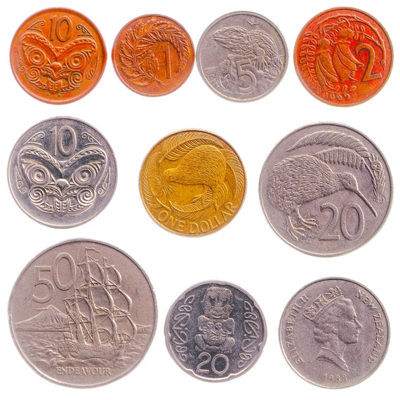 10 Different Coins from New Zealand. Money from Oceania. Old Collectible Foreign Currency: 1 Cent - 1 Dollar
