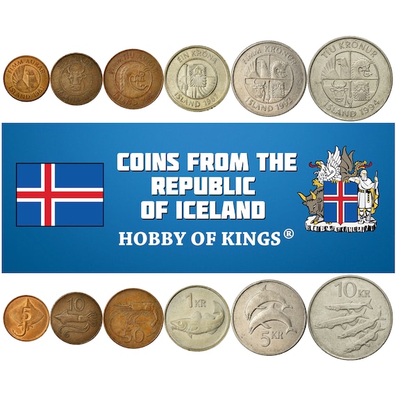 Icelander 6 Coin Set 5 10 50 Aurar 1 5 10 Krónur | Skate | Cod | Capelin | Dolphins | Flying Squid | Eagle | Iceland | 1981 - 1994