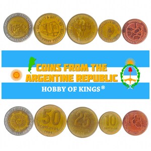 5 monete diverse dall'Argentina. Denaro da collezione dal Sud America. Vecchia valuta estera: Centavos, Pesos
