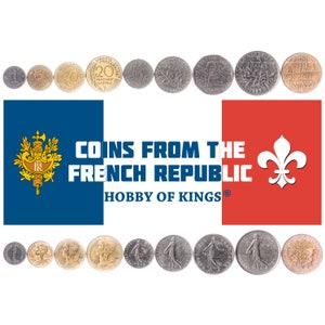 Conjunto de 9 monedas de Francia: 1, 5, 10, 20 céntimos, 1/2, 1, 2, 5 y 10 francos. Moneda francesa antigua de colección. Gorro frigio de la libertad, 1965-2001.