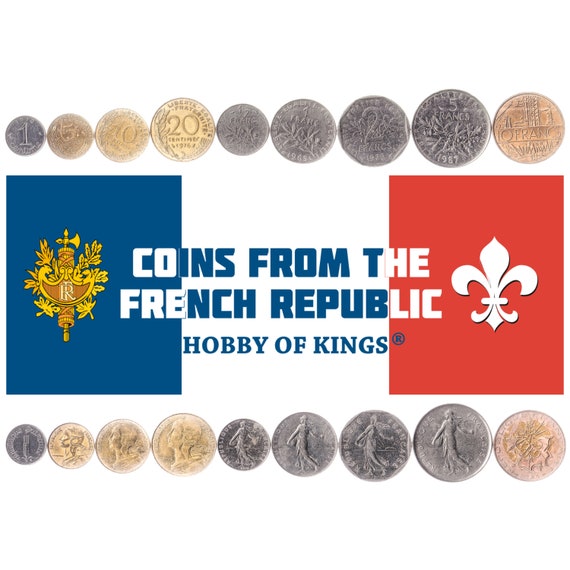 9 Coins from France Money Set 1 5 10 20 Centimes 1/2 1 2, 5 10 Francs Old Collectible French Currency Phrygian Cap of Liberty 1965 - 2001