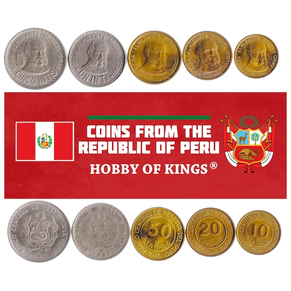 Peruvian 5 Coin Set 10 20 50 Céntimos 1 5 Intis | Miguel Grau Seminario | Shield of Peru | 1985 - 1988