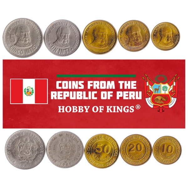 Peruvian 5 Coin Set 10 20 50 Céntimos 1 5 Intis | Miguel Grau Seminario | Shield of Peru | 1985 - 1988