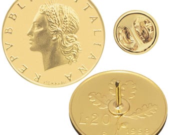 Épinglette pour pièce de 20 lire italienne plaquée or 18 carats : broche de collection vintage