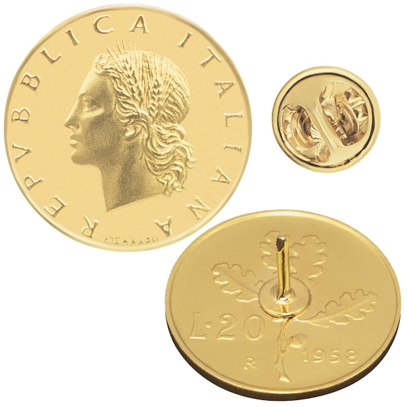 Italian Coin Pin Brooch Badge | Butterfly Clutch Fastener | Vintage Collectible Jewelry | Genuine 20 Lire | Oak Branch