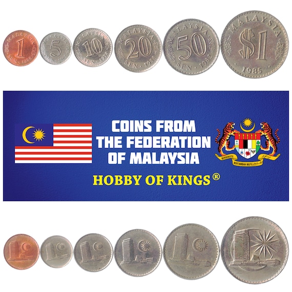 6 Coins from Malaysia. Money Set: 1, 5, 10, 20, 50 Sen, 1 Ringgit (Agong). Old Malaysian Currency 1967-1988