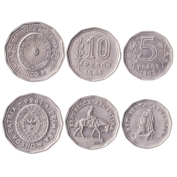 Argentine 3 Coin Set 5 10 25 Pesos | Argentina Currency Money | El Resero | Ship | Sol de Mayo | 1961 - 1968