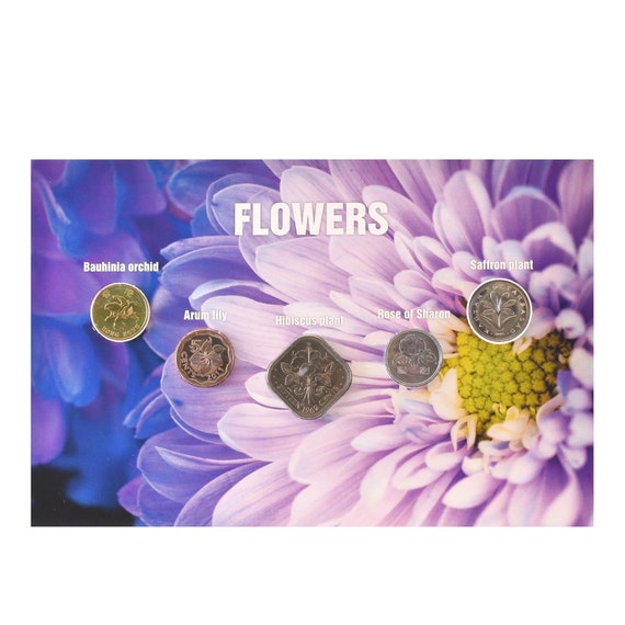5 Coin Set World Flowers | Blistercard | Orchid | Arum Lily | Hibiscus | Rose of Sharon | Saffron Plants