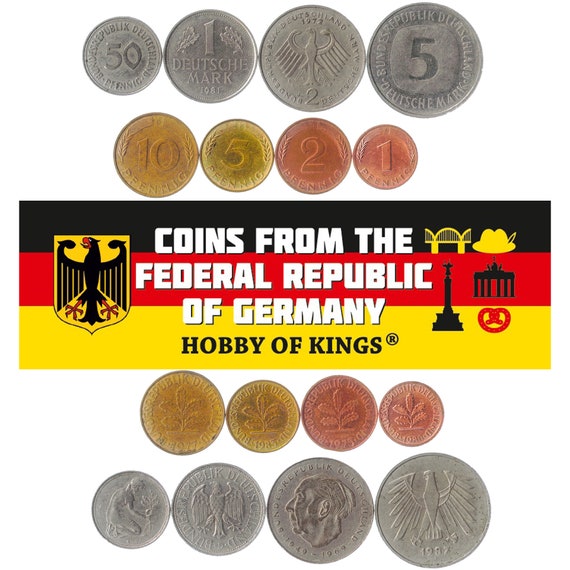 German 8 Coin Set 1 2 5 10 50 Pfennig 1 2 5 Deutsche Mark | Oak | Eagle | Max Planck | Germany | 1950 - 2001