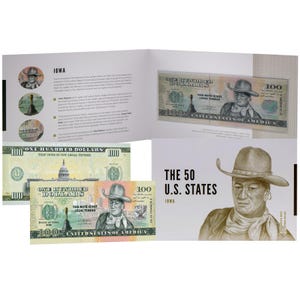 Könnte beinhalten: Ein offenes Buch und eine Währung mit dem Bundesstaat Iowa. Der Titel des Buches lautet "The 50 U.S. States". Die Währung ist ein 100-Dollar-Schein mit einem Porträt eines Mannes mit Cowboyhut. Der Text "ONE HUNDRED DOLLARS" ist sichtbar.