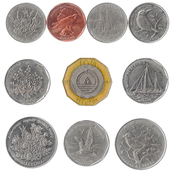10 Cape Verdean Coins from African Country Cabo Verde. Old Collectible Money, Currency: Escudos 1994. Flora, Fauna and Ships