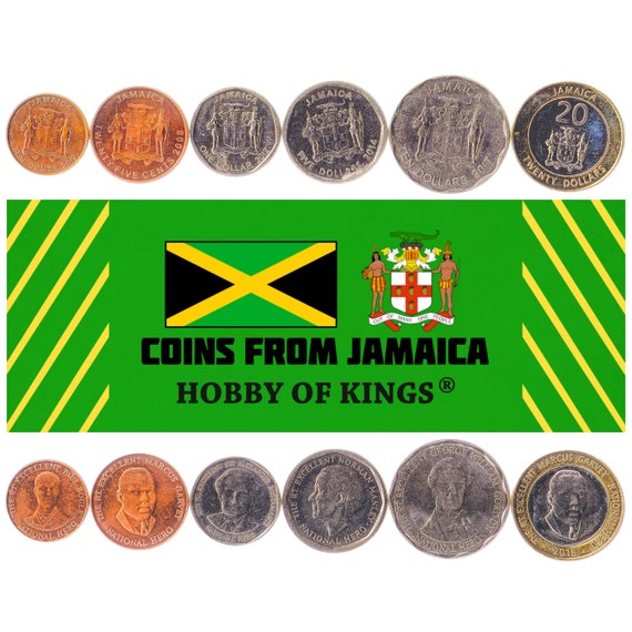 6 Coins from Jamaica. Money Set: 10, 25 Cents, 1, 5, 10, 20 Dollars. Old Collectible Jamaican Currency. Latest Version
