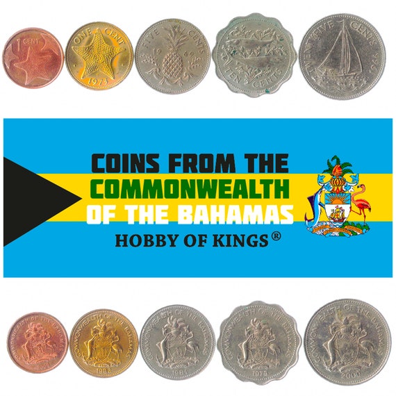 5 Different Coins from Bahamas. Old Collectible Money From Island in Atlantic Ocean. Bahamian Currency from 1 to 25 Cents since 1966