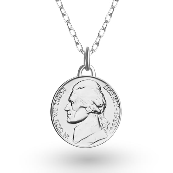 United States of America’s 5 Cents Coin Medallion Necklace Pendant | Silver Rhodium Plated Lucky Coin | 1977 - 2003