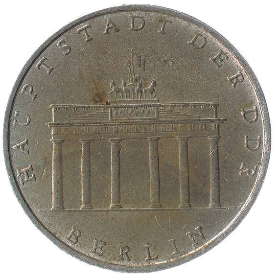 Commemorative 5 Mark Coin from East Germany. The Brandenburg Gate of Berlin 1971-1990