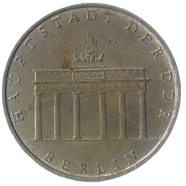 Commemorative 5 Mark Coin from East Germany. The Brandenburg Gate of Berlin 1971-1990