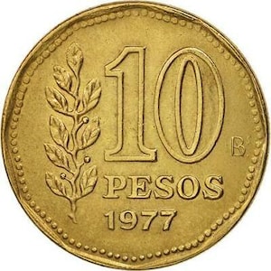 Argentina 10 Pesos / Sol de Mayo / Moneda de rama de olivo KM72 1976 - 1978