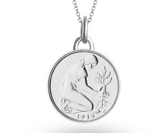 Collier allemand avec pendentif pièce de 50 pfennigs : plaqué argent rhodié